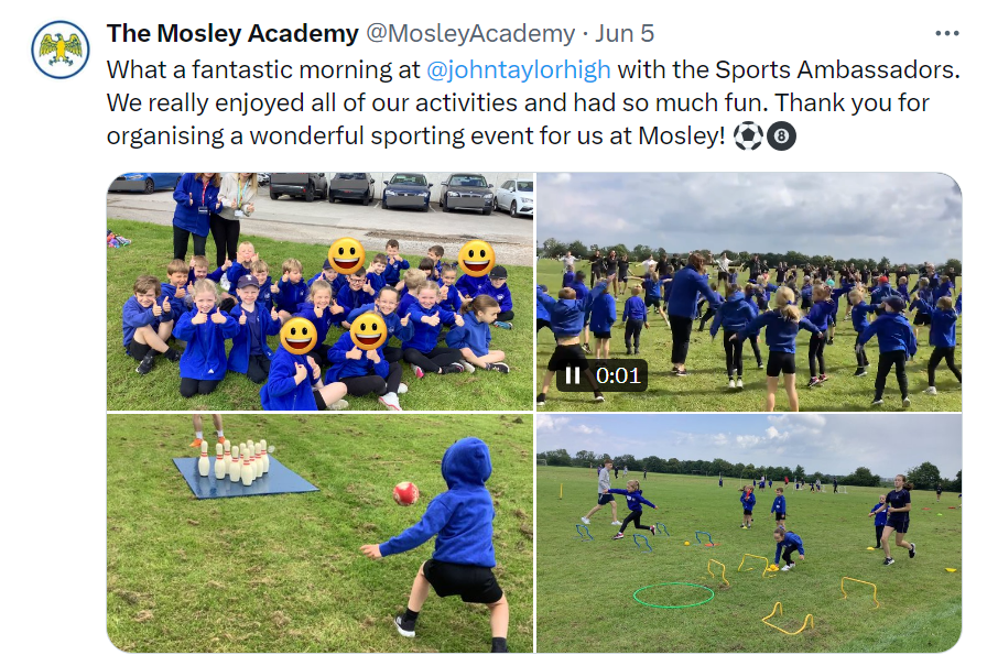 JohnTaylorMAT's tweet photo. A busy week back after half term! Theatre workshops with the Young Garrick @The_CTA_Way,  collaboration between Sports Ambassadors @johntaylorhigh creating activities for pupils @MosleyAcademy and Forest School sessions @walton_primary and also @trisschool with their families!👏 https://t.co/FXnTlgieOJ