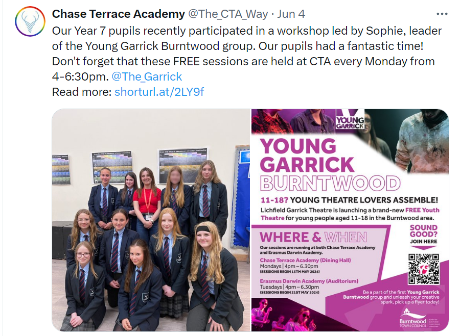 JohnTaylorMAT's tweet photo. A busy week back after half term! Theatre workshops with the Young Garrick @The_CTA_Way,  collaboration between Sports Ambassadors @johntaylorhigh creating activities for pupils @MosleyAcademy and Forest School sessions @walton_primary and also @trisschool with their families!👏 https://t.co/FXnTlgieOJ