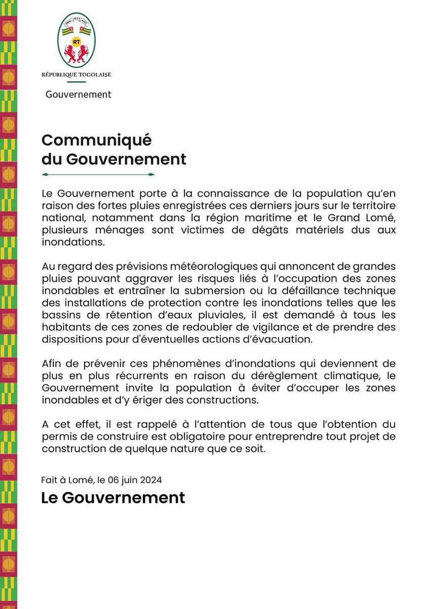 GouvTg's tweet photo. Au regard des fortes précipitations enregistrées ces derniers jours, le Gouvernement invite toute la population à redoubler de vigilance et celle des zones à hauts risques à prendre des dispositions en vue d'éventuelles actions d'évacuation.

Les précisions 👇🏽

#Denyigban
#Togo🇹🇬 https://t.co/6gzdQ25zi8