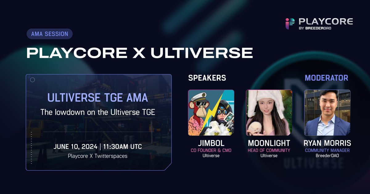 PLAYCORE x ULTIVERSE AMA 🗣️

We are excited to announce that we will be hosting an AMA on Monday with our friends from <a href="/UltiverseDAO/">Ultiverse</a>! 🤝

🗓️ June 10, 2024 @ 11:30 AM UTC
📍 x.com/i/spaces/1LyxB…
👥 <a href="/jimbol14/">Jimbol</a>, Ultiverse co-founder and CMO, <a href="/Moon1ightSt/">Moonlight🌙月光 🐥 🔱 🔆</a>, Head of Community

Don't