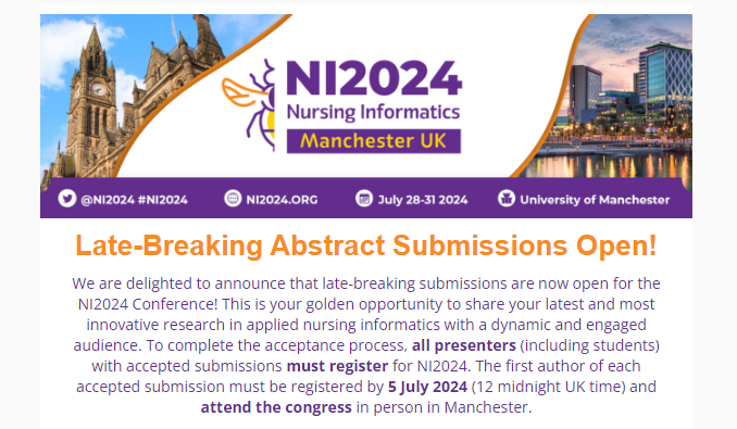 Dawn Dowding (@decisiondawn) on Twitter photo An exciting opportunity for you to contribute to @NI2024. For more information and to submit an abstract see: mailchi.mp/10b9fa8255b4/n… An excellent opportunity for all nurses interested in digital nursing research and practice <a href="/RCNResForum/">RCN Research Forum</a> <a href="/NIHRresearch/">National Institute for Health and Care Research</a> @NIHRcommunity <a href="/DHCNIO/">Digital Health CNIO Network</a> An exciting opportunity for you to contribute to @NI2024. For more information and to submit an abstract see: mailchi.mp/10b9fa8255b4/n… An excellent opportunity for all nurses interested in digital nursing research and practice <a href="/RCNResForum/">RCN Research Forum</a> <a href="/NIHRresearch/">National Institute for Health and Care Research</a> @NIHRcommunity <a href="/DHCNIO/">Digital Health CNIO Network</a>