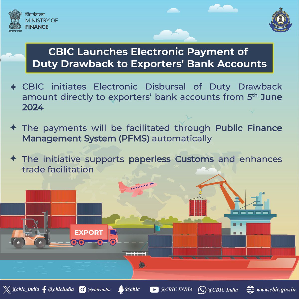 Continuing the trade facilitation measure, CBIC initiates to electronically disburse duty drawback amount directly to exporter’s bank account in a transparent and efficient manner.
