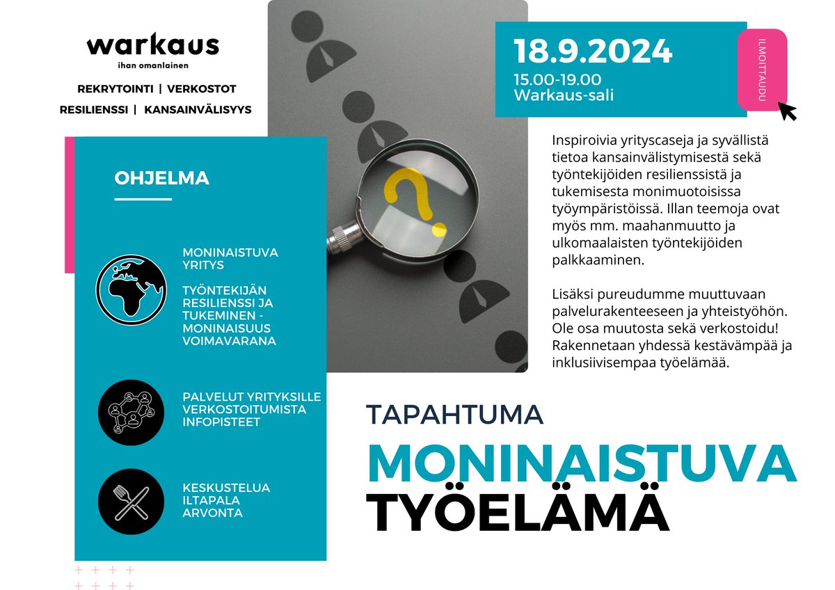 UEFsmartforgood's tweet photo. #Yrittäjä, #työntekijä – tervetuloa #Moninaistuva työelämä -tapahtumaan #Warkaus-saliin 18.9.2024 klo 15-19. Luvassa inspiroivia yrityscaseja ja syvällistä tietoa kansainvälistymisestä.
📅 Varaa päivä kalenteriin ja ilmoittaudu nyt: https://t.co/5V0QYFTQXZ https://t.co/5s65uHnlqE