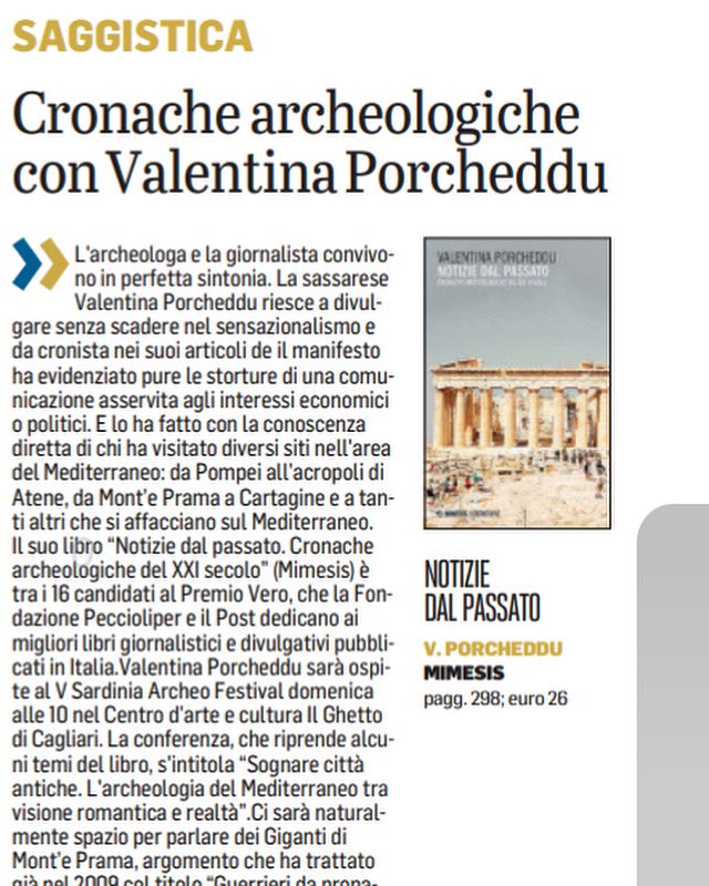 Oggi sul quotidiano L’Unione Sarda una recensione del mio libro Notizie dal passato, candidato al Premio Vero per i libri giornalistici e divulgativi:

mimesisedizioni.it/libro/97888575…