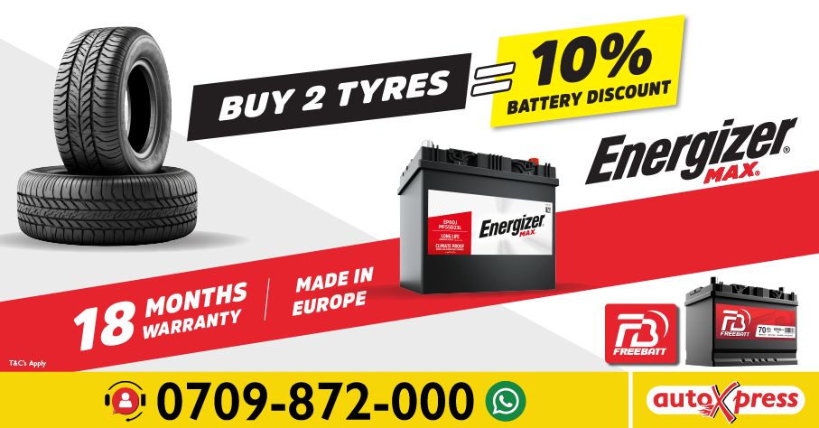 A great deal on batteries for you this June.
Enjoy a 10% DISCOUNT on Energizer and FreeBatt batteries when you buy two tyres. Ensure your car's battery is always in good condition with regular checks. 
auto-xpress.co.ke/services-batte…

 #Energizer #Freebatt #Carbatteries #AutoXpressKenya