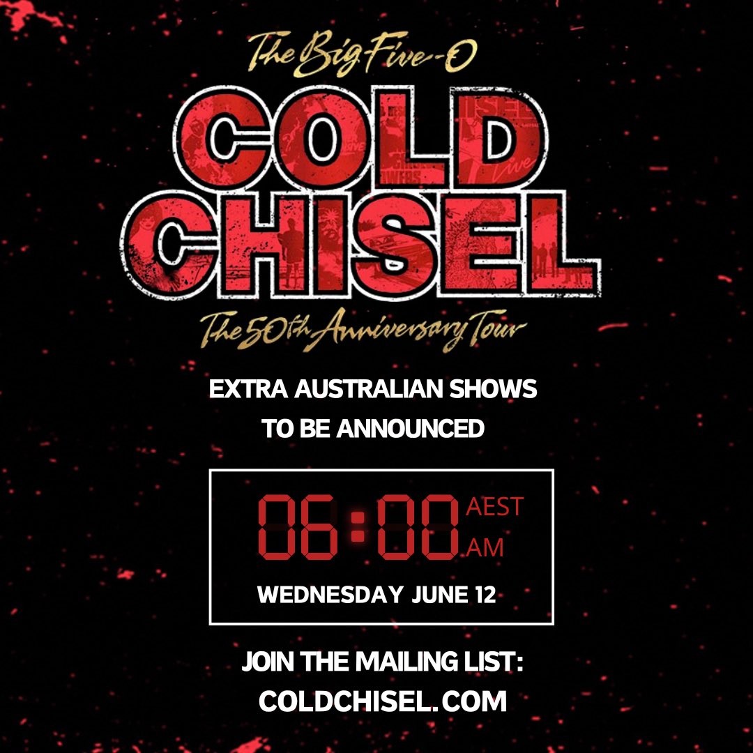 JimmyBarnes's tweet photo. Extra @coldchisel Australian gigs will be announced at 6am AEST on Wednesday June 12. For best chance of getting tickets, join the mailing list: https://t.co/x3wnU94aWP https://t.co/SN2KwW8ZXo