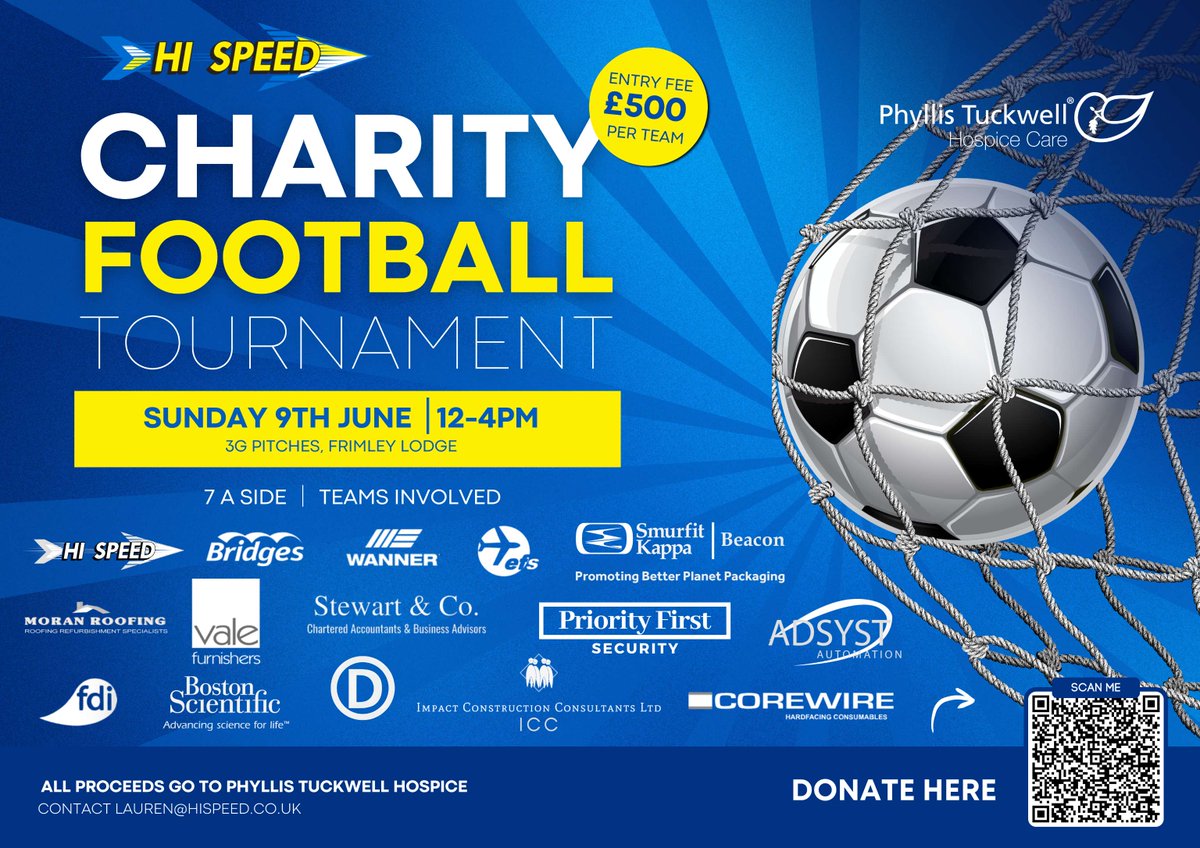 stewartandco's tweet photo. ⚽ We are super excited to be participating in Hi-Speed’s Charity Football Tournament this Sunday at Frimley Lodge Park 12pm-4pm! 

This event supports a fantastic cause - the Phyllis Tuckwell Hospice Care.  

Go Team Stewart &amp; Co! 🙂
 
#GameOnForCharity #KickForACause https://t.co/dbrP0EjKT2
