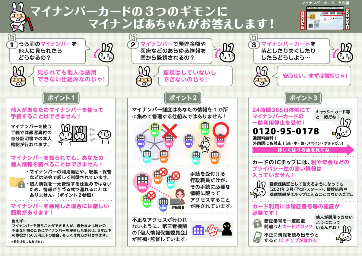 マイナ保険証 の安全性について】 マイナンバーカードのICチップには保険証情報や医療情報自体は入っていません。  また、紛失・盗難された場合は、いつでも一時利用停止ができますし、暗証番号を一定回数間違うとロックされます。不正に情報を読みだそうとするとチップが ...