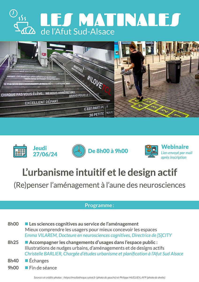 afutsudalsace's tweet photo. [Invitation webinaire] Notre prochaine Matinale se fera en webinaire. Emma Vilarem, Docteure en neurosciences cognitives et Christelle Barlier, Chargée d'études en urbanisme interviendront sur les liens entre urbanisme et neurosciences. Info &amp; résa : https://t.co/WW3dZ5uFZk https://t.co/Hkfxt4k6Rg