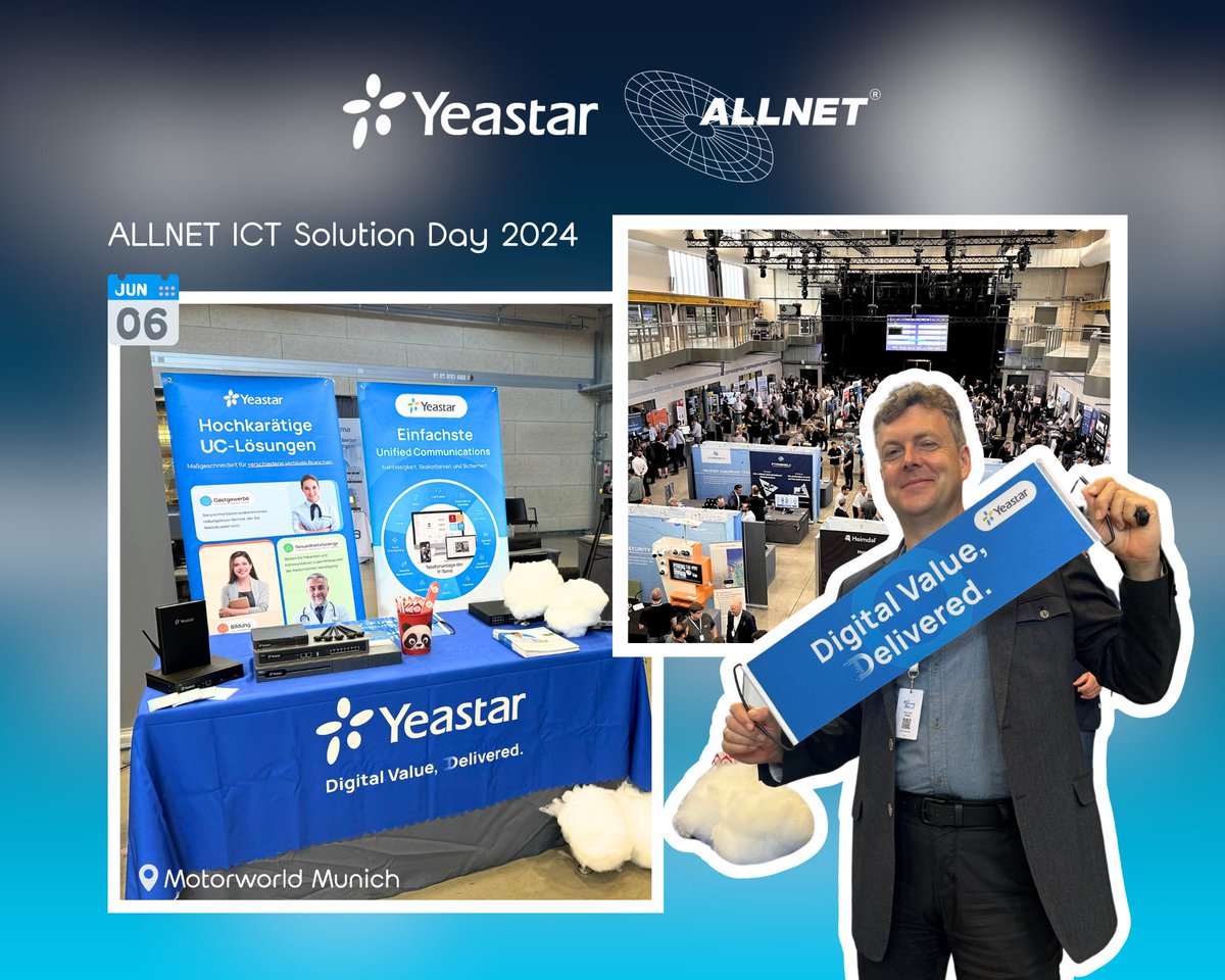 Yeastar's tweet photo. 🙌Forward with Yeastar at #ALLNETICT24 hosted by ALLNET GmbH, Yeastar's booth attracted curious minds and sparked deep conversations. →Missed the event? No worries! Reach out to the Allnet GmbH or Yeastar team for the latest updates.
#Yeastar #UnifiedCommunications https://t.co/iGyza4idU1