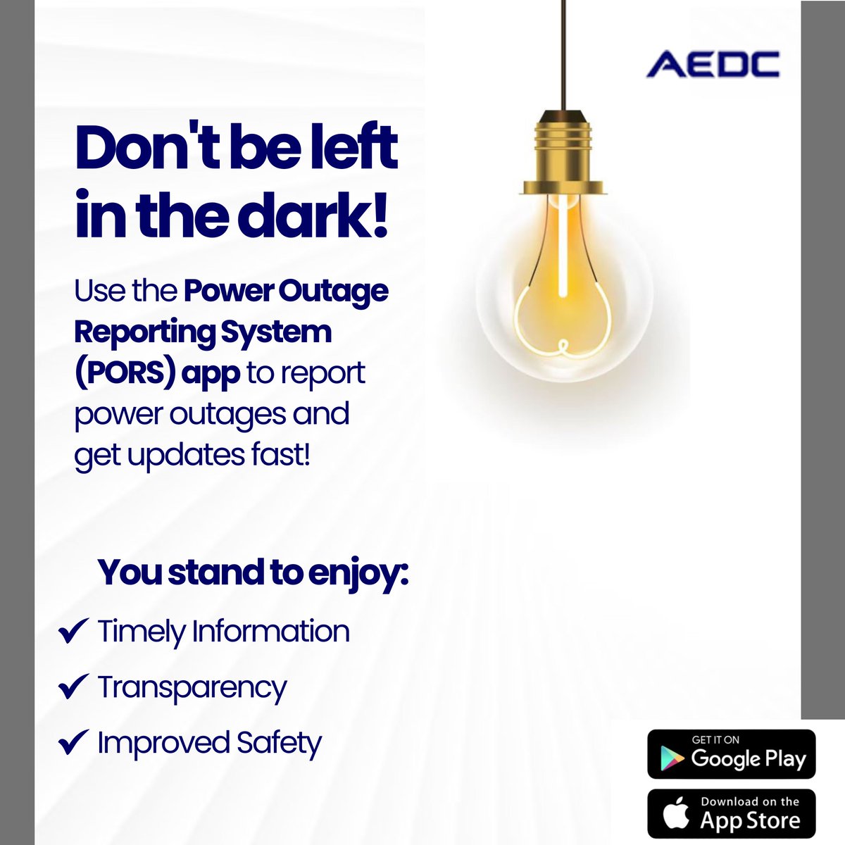 aedcelectricity's tweet photo. The easy-to-use PORS app lets you quickly report outages directly from your phone.
Download it today and take control of your power!
#PowerOutageReport
#PORS #AEDC
#PowerofCommitment https://t.co/5uuB5T3bU8