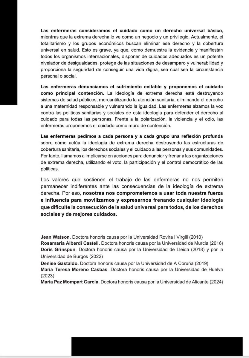 Mari Paz Mompart (@pazmompart) on Twitter photo Las enfermeras, en defensa de la salud y derechos. Un grupo de enfermeras doctoras honoris causa de España hemos redactado este Manifiesto. Agradecemos difusión y colaboración <a href="/rmalberdi/">Rosamaría Alberdi</a> <a href="/maytemoren/">Cuicienciadora</a> <a href="/DorisGrinspun/">Dr. Doris Grinspun 🇨🇦 RN, PhD, FAAN, O.ONT</a> <a href="/DeniseGastaldo/">Denise Gastaldo</a> <a href="/Grupo40I/">Grupo40+IniciativaEnfermera</a> Las enfermeras, en defensa de la salud y derechos. Un grupo de enfermeras doctoras honoris causa de España hemos redactado este Manifiesto. Agradecemos difusión y colaboración <a href="/rmalberdi/">Rosamaría Alberdi</a> <a href="/maytemoren/">Cuicienciadora</a> <a href="/DorisGrinspun/">Dr. Doris Grinspun 🇨🇦 RN, PhD, FAAN, O.ONT</a> <a href="/DeniseGastaldo/">Denise Gastaldo</a> <a href="/Grupo40I/">Grupo40+IniciativaEnfermera</a>