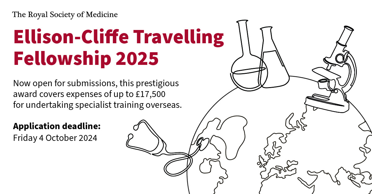 RoySocMed's tweet photo. 🛫 The 2025 Ellison-Cliffe Travelling Fellowship 2025 is now open for submissions.

Open to those who are of specialist registrar or lecturer grade or equivalent or who are consultants within three years of their first consultant appointments.

Full info: https://t.co/U8Hsarw2AA https://t.co/6I3jL4jLfv