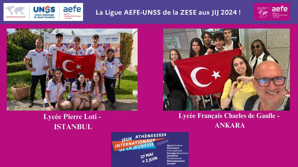 ZESE_AEFE_UNSS's tweet photo. 🌎 JIJ 2024 Athènes 🏆🇬🇷🇫🇷

➡️27 mai - 02 juin 
➡️ 5 établissements de la ZESE parmi les 64 délégations - @aefeinfo @unss 
➡️ #sports #culture #rencontre #partage #francophonie 
➡️ Lieux uniques : Stade de Marbre, base d’aviron olympique, village des JIJ
➡️Souvenirs inoubliables https://t.co/cuRxUdT6Yr