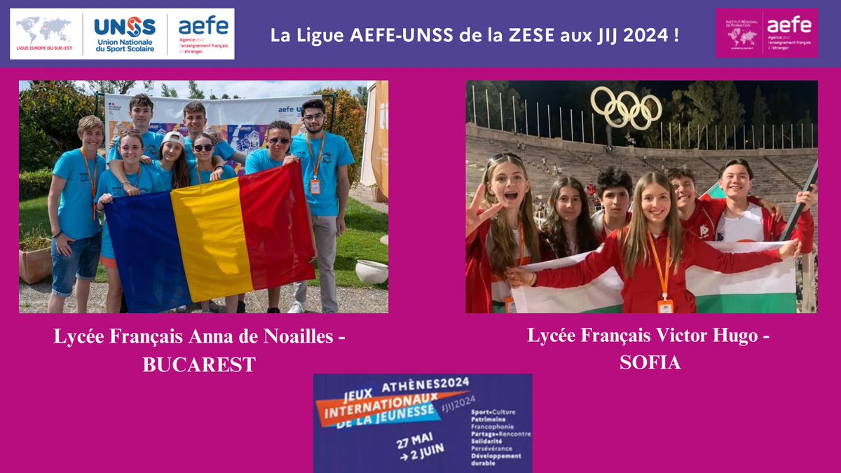 ZESE_AEFE_UNSS's tweet photo. 🌎 JIJ 2024 Athènes 🏆🇬🇷🇫🇷

➡️27 mai - 02 juin 
➡️ 5 établissements de la ZESE parmi les 64 délégations - @aefeinfo @unss 
➡️ #sports #culture #rencontre #partage #francophonie 
➡️ Lieux uniques : Stade de Marbre, base d’aviron olympique, village des JIJ
➡️Souvenirs inoubliables https://t.co/cuRxUdT6Yr