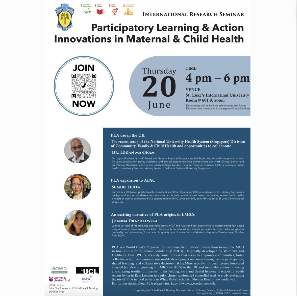 AcesoGHC's tweet photo. 📣 Join us for an event on Participatory Learning and Action (PLA) Innovations in Maternal &amp; Newborn Health! 
📷 Key speakers including Dr. Logan Manikam, Sumire Fujita, Joanna Drazdzewska https://t.co/iiJJyQuwov