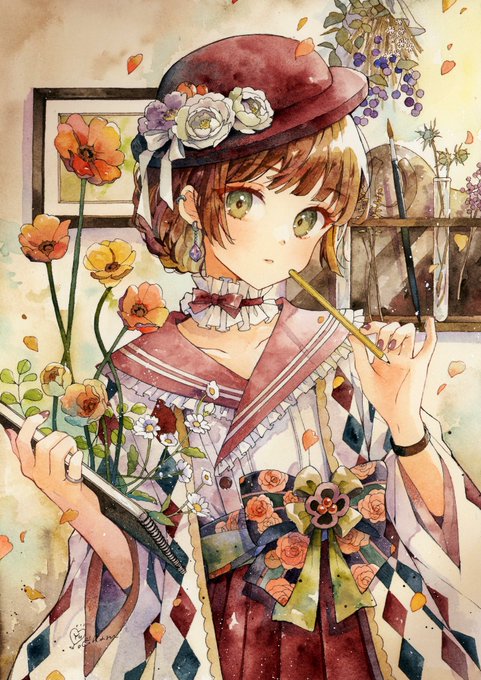 「hat flower holding」 illustration images(Latest)