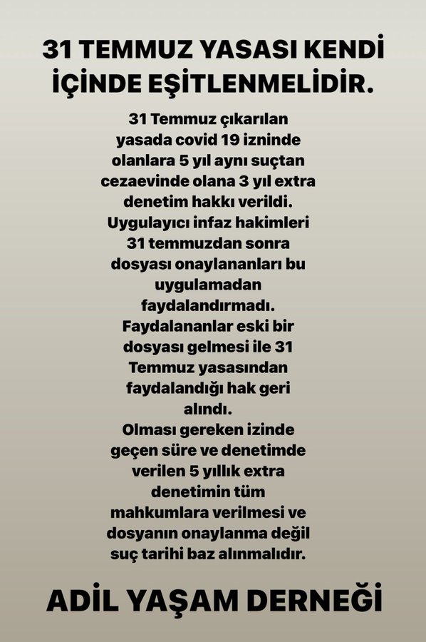 Mahkumların Talepleri
Bayram edelim artık.
Cezaevleri kapasitenin üzerinde dolu.

Adil yargılanmayan yüzbinlerce mağdurun sesini duyun artık, bekletmeyin. Çözüm #GenelAf
@RTErdogan @M_Sarigul @yilmaztunc @eczozgurozel @herkesicinCHP @Akparti @iletisim @TBMMGenelKurulu
X