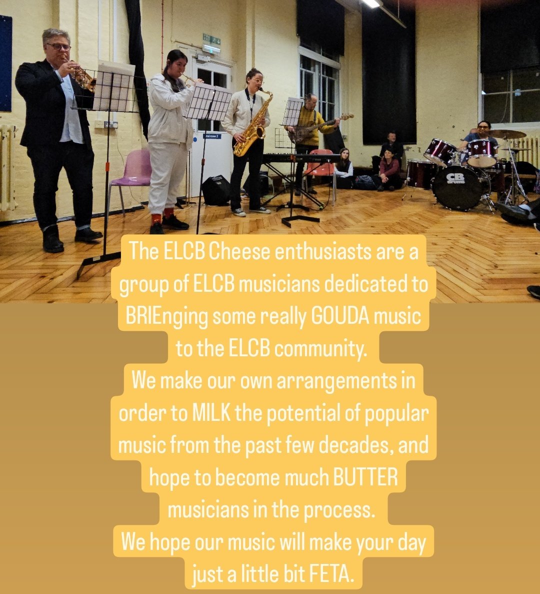 elcb_social's tweet photo. The ELCB Cheese enthusiasts are a group of ELCB musicians dedicated to BRIEnging some really GOUDA music to the ELCB community. 
They're BRIE-illiant, you're in for a GOUDA time at #ELCBFest tomorrow 🧀😂 https://t.co/aZzEVIITh4