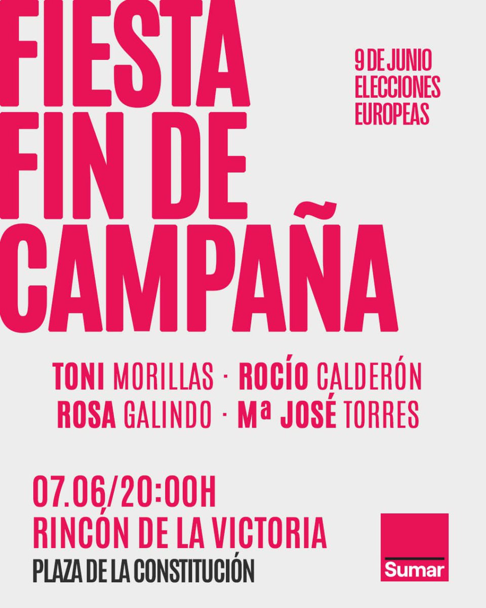 sumar_malaga's tweet photo. 🎉 Esta tarde cerramos la campaña en Rincón de la Victoria con @antoniamorillas, @rociocalderonmu, @RosaGalindoGonz y @MJTG_.

Pásate a partir de las 20.00h por la Plaza de la Constitución y disfrutemos juntas de una sardinada, una buena charla, música... 

#MarcaElRumbo https://t.co/lZ9SUA6Yhd