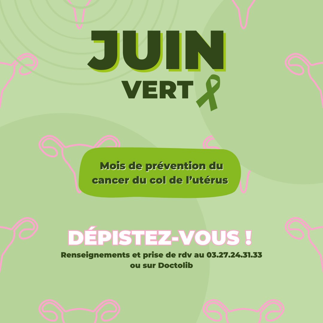 #juinvert 📷| le CHD mobilisé contre le cancer du col de l’utérus !
Au CHD, vous pouvez prendre directement rendez-vous avec nos gynécologues ou sages-femmes pour vous faire dépister (frottis du col utérin).
Renseignements et prise de rdv au 03.27.24.31.33 ou sur Doctolib