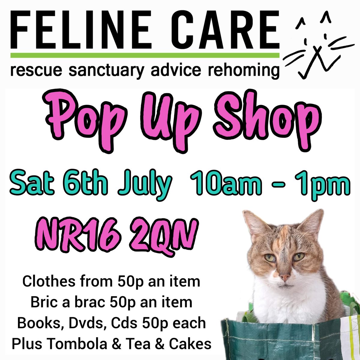 FelineCare's tweet photo. Pop Up Shop in the car park at Feline Care Cat Rescue, Saturday 6th July 10am - 1pm 

Clothes from 50p per item
Bric a brac 50p an item
Books, cds and dvds 50p each

Lots of items to buy, tombola, tea and cakes available.
Onsite parking
Raising funds for Feline Care Cats https://t.co/TZl8xsHLwY