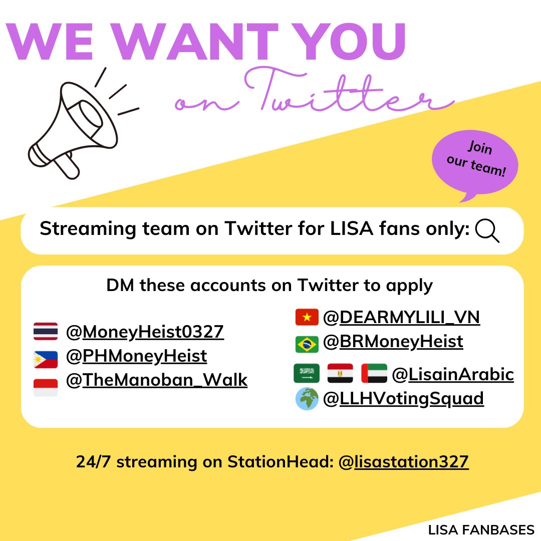LILIES! Let's be organized and help the teams. DM your designated country streaming team. 

🇵🇭 PH streaming team, we need laptop/pc users to join us. 🙏

Also, please DM <a href="/slays_world/">LISA ❤️‍🔥#VMA + #EMA WINNER ❤️‍🔥</a> to join the discord group.