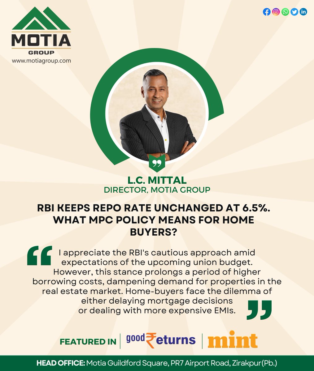 motiagroup's tweet photo. 𝐆𝐨𝐨𝐝 𝐍𝐞𝐰𝐬 𝐅𝐨𝐫 𝐇𝐨𝐦𝐞𝐁𝐮𝐲𝐞𝐫𝐬!
RBI keeps the repo rate unchanged at 6.5% for the 8th time in a row.

Check Views of 𝐌𝐫. Labh Chand Mittal, 𝐃𝐢𝐫𝐞𝐜𝐭𝐨𝐫, #MotiaGroup

#RepoRate #RBI #ReserveBankOfIndia #RealEstate #Home #homebuyers  #homeloans #chandigarh https://t.co/G64p3fp7Up