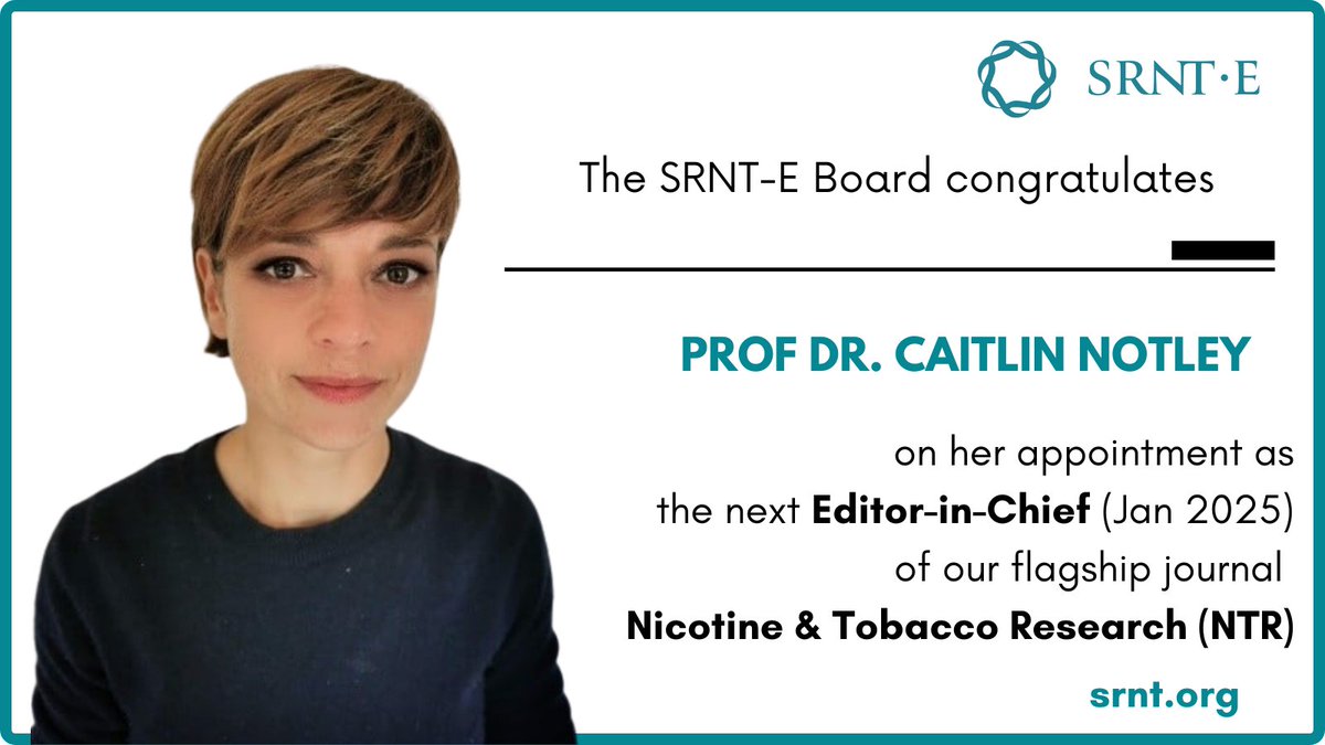 SRNT Europe (@srnt_europe) on Twitter photo We're thrilled about Dr. Notley's appointment as the next Editor-in-Chief <a href="/NTR_Journal/">Nicotine & Tobacco Research Journal</a>, starting January 2025! Congratulations, Caitlin! #SRNT #NicotineResearch #TobaccoResearch <a href="/caitlinnuea/">Caitlin Notley</a> We're thrilled about Dr. Notley's appointment as the next Editor-in-Chief <a href="/NTR_Journal/">Nicotine & Tobacco Research Journal</a>, starting January 2025! Congratulations, Caitlin! #SRNT #NicotineResearch #TobaccoResearch <a href="/caitlinnuea/">Caitlin Notley</a>