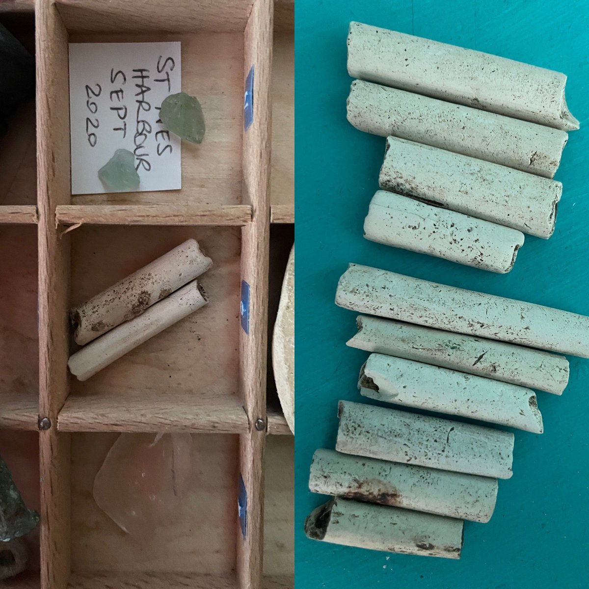 Clay pipe stems found #beachcombing on the left. Those found #gardening on the right! Used to be all orchards around us. Love the idea of people working &amp; relaxing under the apple &amp; walnut trees.