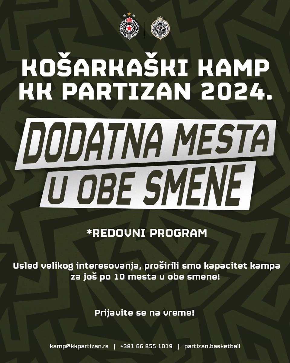 PartizanBC's tweet photo. Usled velikog interesovanja, proširili smo kapacitet kampa za jos po 10 mesta u obe smene!⚫️⚪️
Prijavite se na vreme! 📞 +381 66 855 1019
📥 kamp@kkpartizan.rs
#KKPartizan #PartizanKids https://t.co/xKms9hhYYu