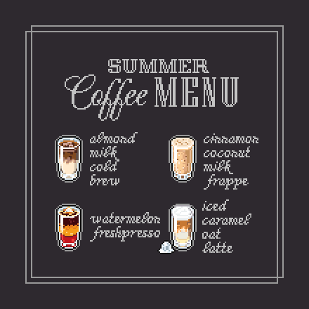 jurateryann's tweet photo. Summer coffee menu part 2

#pixelart #gameart #pixel_dailies #coffeemenu #summercoffee https://t.co/B7d7K9etII