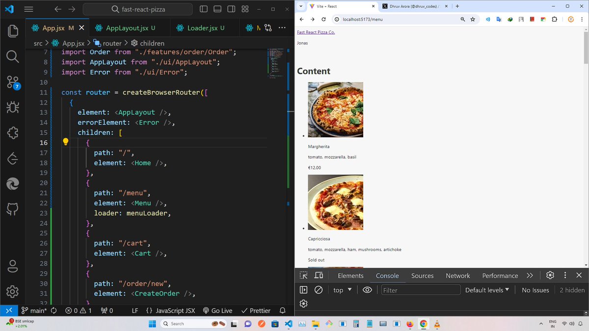 dhruv_codes's tweet photo. Day 6 of #100DaysOfCode

Learnings:

✅Learnt in React: application planning in react, building the app layout, fetching data with react router, error handling in routing and etc.

✅Projects: Implementing new project application fast-react-pizza.

#LearnInPublic #buildinpublic https://t.co/tdtVoetQSb
