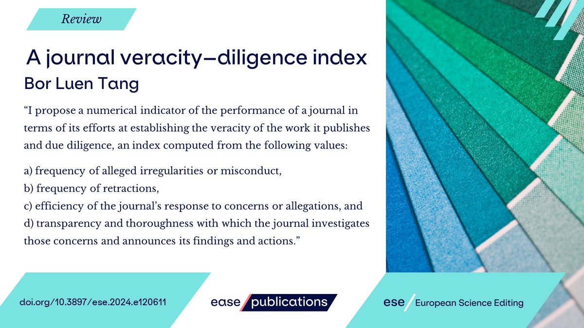 The paper to be published in EASE journal, <a href="/Eur_Sci_Ed/">ESE</a>  proposes a novel metric intended to indicate the levels of editorial standards, integrity and responsiveness to ethical issues that a journal demonstrates.

doi.org/10.3897/ese.20…