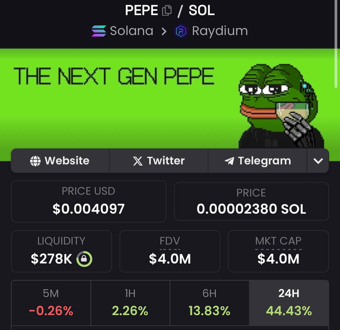 nextgenpepe's tweet photo. We keep growing everyday and just hit 4M MCAP. KEEP BUILDING THE SAFEST SOLANA MEME, #NEWDAY_NEWATH #1MCHALLENGE https://t.co/2C65je3k3v