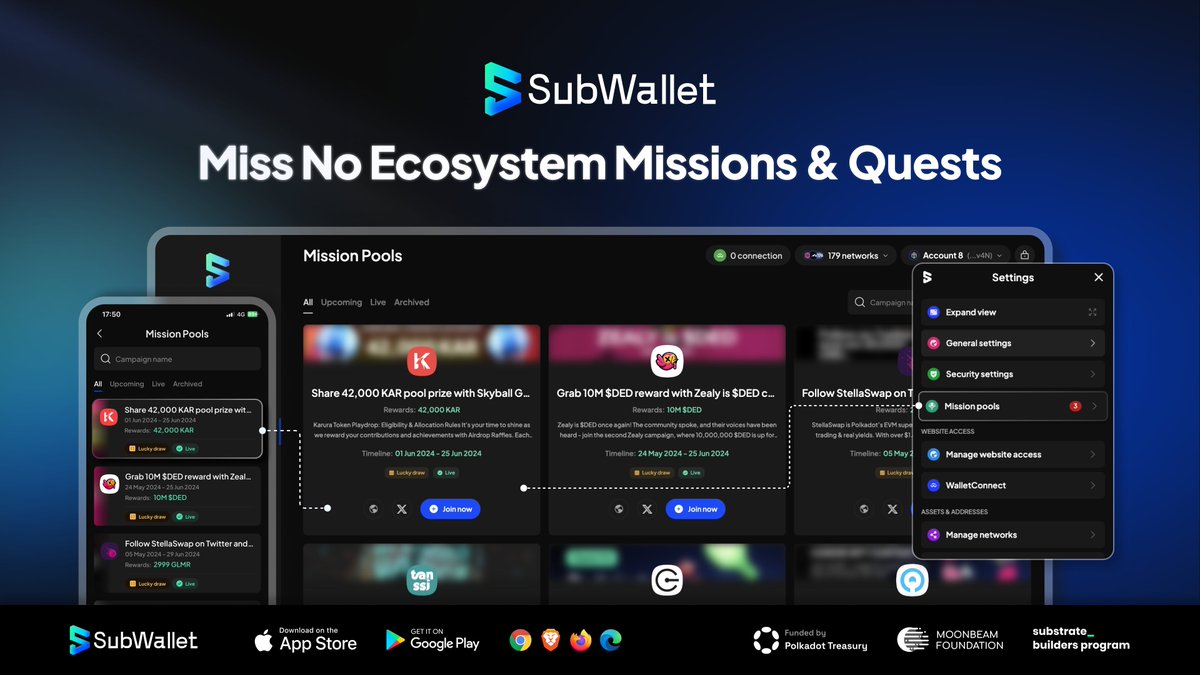 subwalletapp's tweet photo. Stay up-to-date on all missions and quests in the @Polkadot ecosystem with SubWallet Mission Pools 🔥 Current missions include @KaruraNetwork @dotisded @StellaSwap @TanssiNetwork, what are you waiting for?

Jump right in and miss no quests 👉 https://t.co/3LfhHOUlHO https://t.co/NSFAyusPfJ