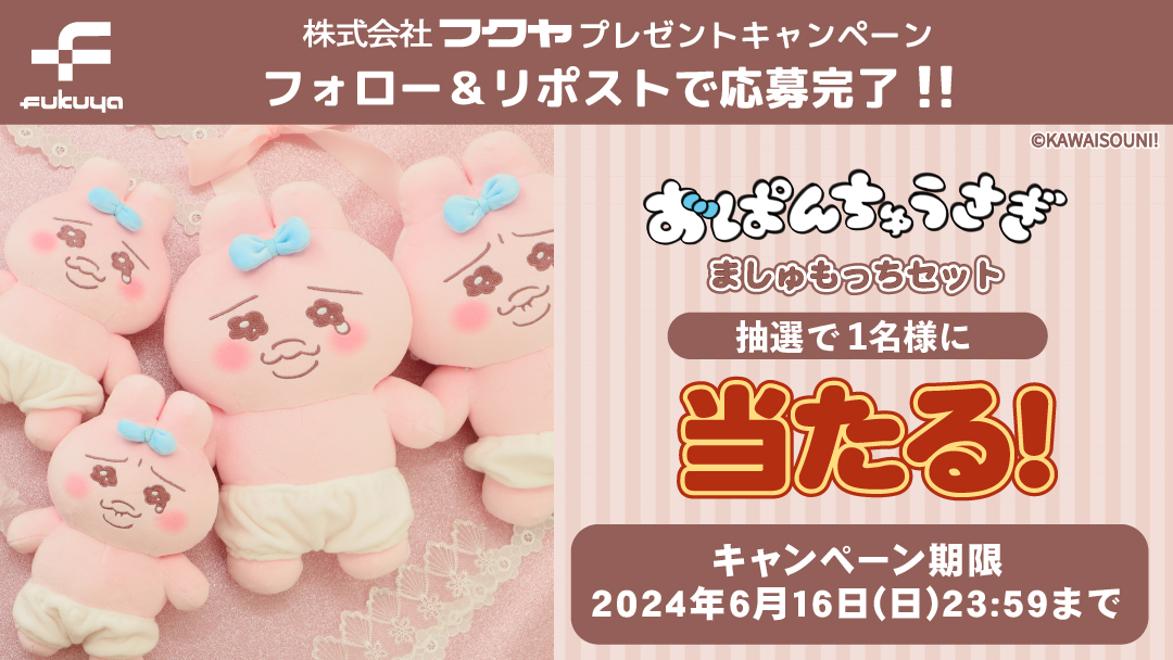 fancy_fukuya's tweet photo. ／

『#おぱんちゅうさぎ
（@opanchu_usagi_）』が
お家にやってくる💞

＼

ましゅもっち（全2種）
おてのりましゅもっち（全2種）

を抽選で１名様にプレゼント🎁

🎀応募方法🎀

①当アカウント(@fancy_fukuya)
　をフォロー

②この投稿をリポスト

締切は6/16(日)まで
ご応募おまちしております💗 https://t.co/IomY7ndDIT