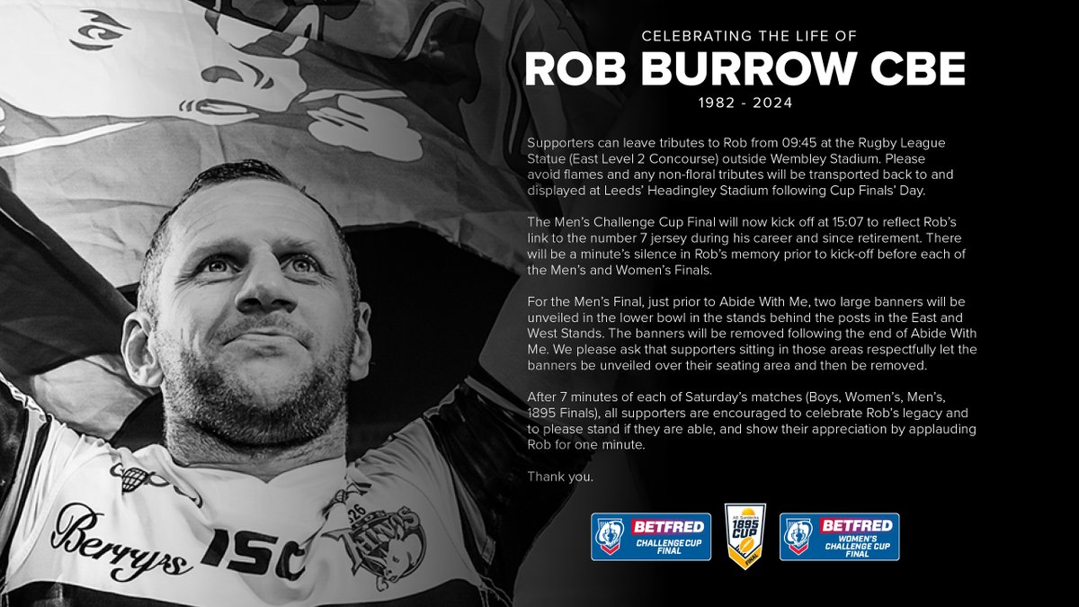 TheChallengeCup's tweet photo. 👏 Join us in celebrating the life of Rob Burrow CBE

#ChallengeCup https://t.co/ZJ7VZtv5b6