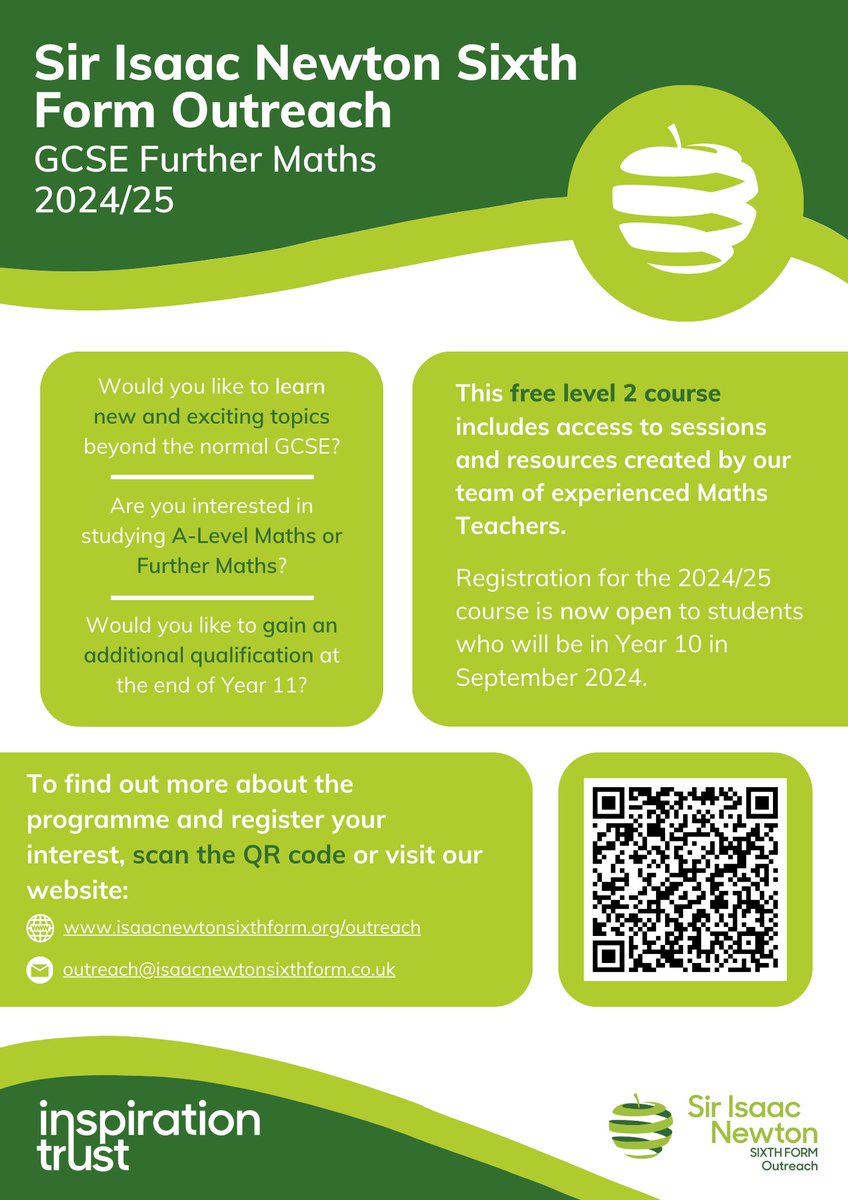 Enjoy studying maths? Want to deepen your knowledge outside your normal lessons?

Registration for our 2024/25 GCSE Further Maths Programme is now open to students in Norfolk who will be in Year 10 from September 2024.

Find out more here: bit.ly/3UoLynS