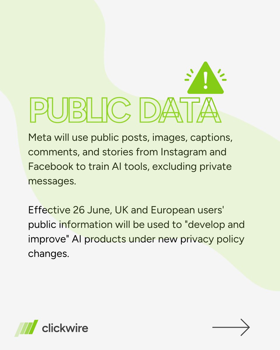 Clickwire_io's tweet photo. The recent news that Meta plans to use public posts from Instagram and Facebook to train its AI tools raised significant criticism from digital rights groups. 📱🛑

👉 Keep up with the latest updates: https://t.co/MDuwSmhI35

#ai #instagramupdate #aiethics #digitalrights #metaaI https://t.co/lH9whzHxaV
