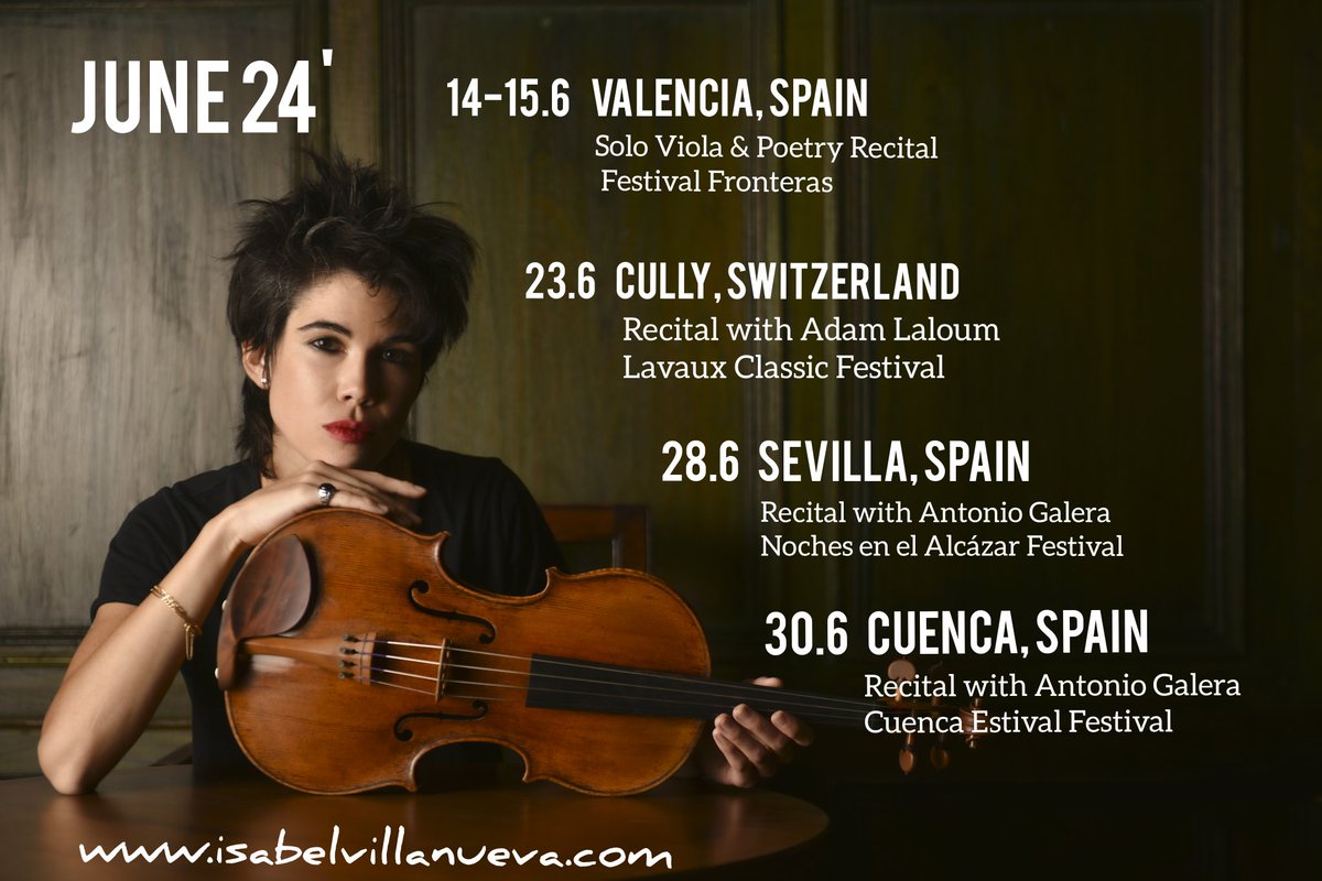 Isabel Villanueva (@villanuevaviola) on Twitter photo El verano empieza a buen ritmo!
🌈 Junio ya está aquí, donde nos veremos 💙🎻 ?
14&15 <a href="/fronterasfest/">Festival Fronteras</a> #Valencia
23 <a href="/LavauxClassic/">Lavaux Classic</a> #Cully (CH)
28 #Sevilla
30 <a href="/EstivalCuenca/">Estival Cuenca</a> #Cuenca
isabelvillanueva.com
#violapower El verano empieza a buen ritmo!
🌈 Junio ya está aquí, donde nos veremos 💙🎻 ?
14&15 <a href="/fronterasfest/">Festival Fronteras</a> #Valencia
23 <a href="/LavauxClassic/">Lavaux Classic</a> #Cully (CH)
28 #Sevilla
30 <a href="/EstivalCuenca/">Estival Cuenca</a> #Cuenca
isabelvillanueva.com
#violapower