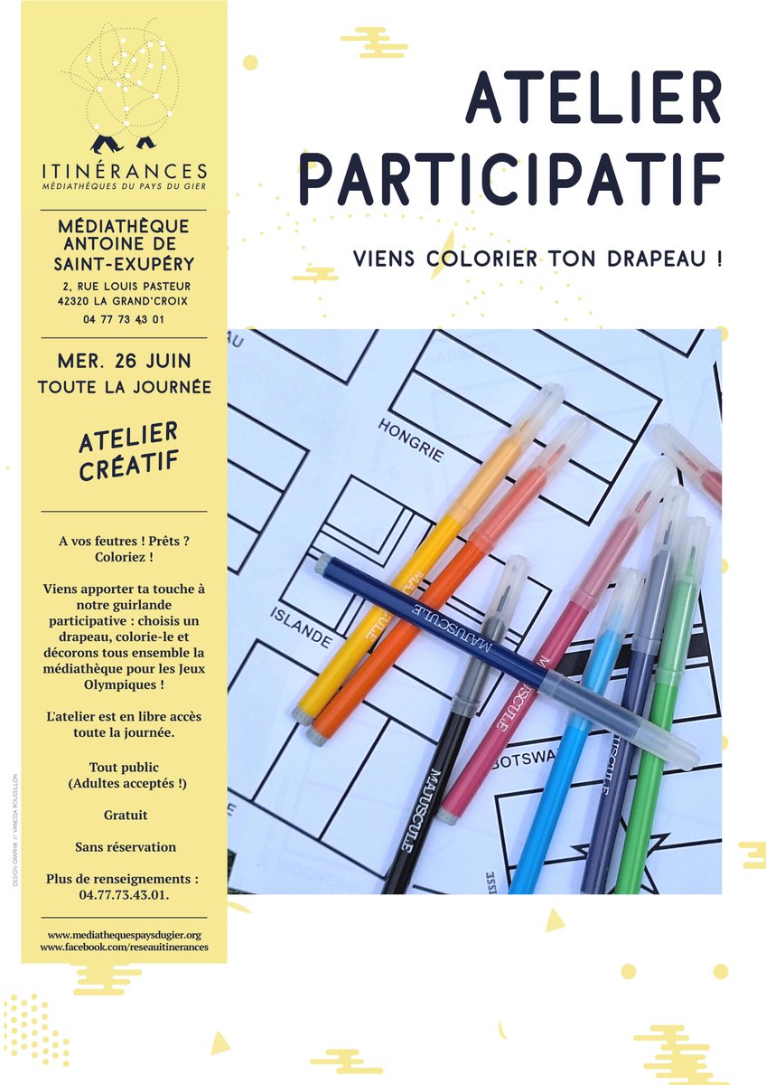 LaGrandCroix's tweet photo. Atelier « création et coloriage de ton drapeau le 26 juin 2024 à la Médiathèque
A vos feutres ! Prêts ? Coloriez ! https://t.co/cRTRMSnHPV