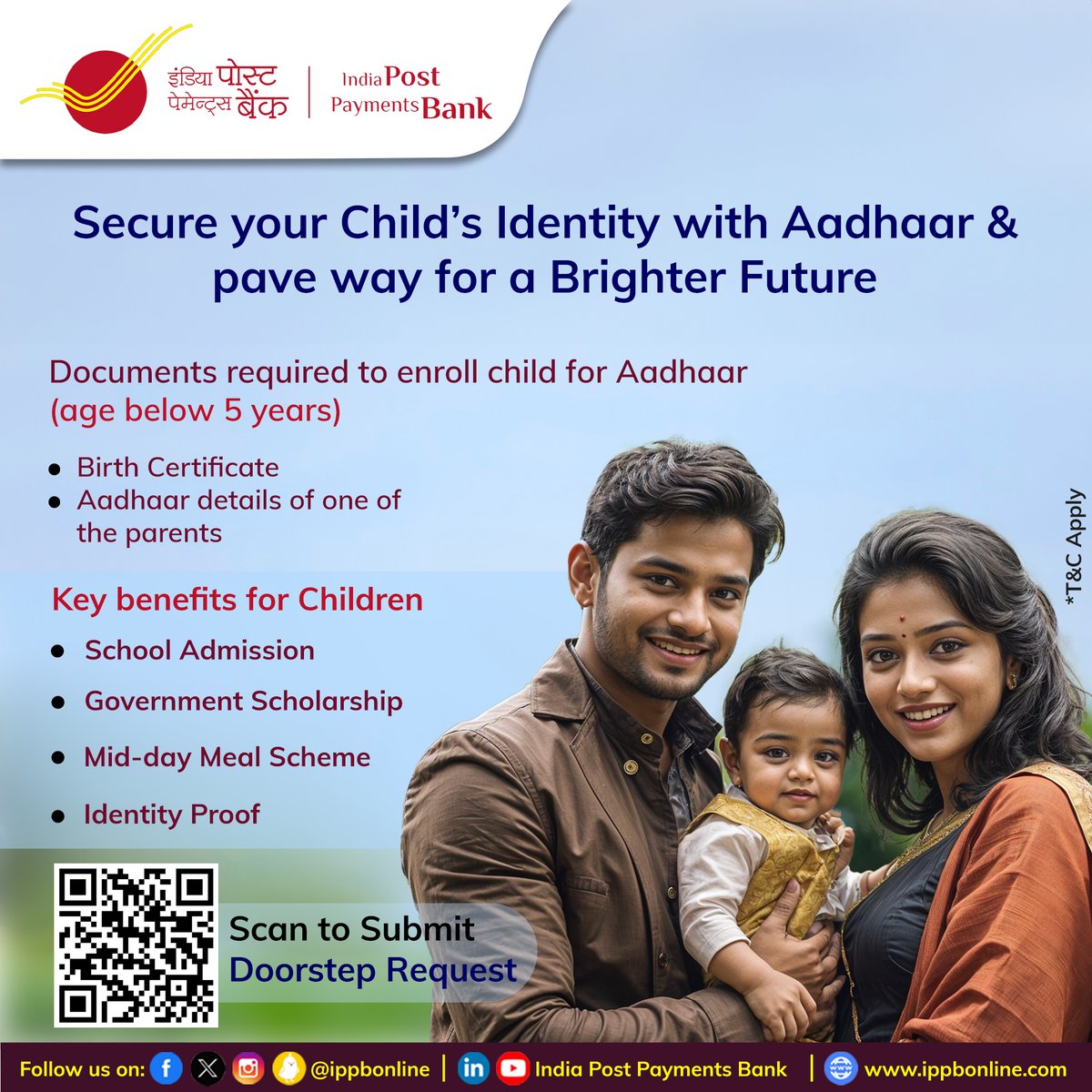 Protecting your child's identity is just as important as safeguarding your own. Experience swift Aadhaar enrolment of your little ones (0-5 years) by utilizing @IPPBonline’s CELC services, offered by @UIDAI . The complete digital process eliminates hassle of long queues and…