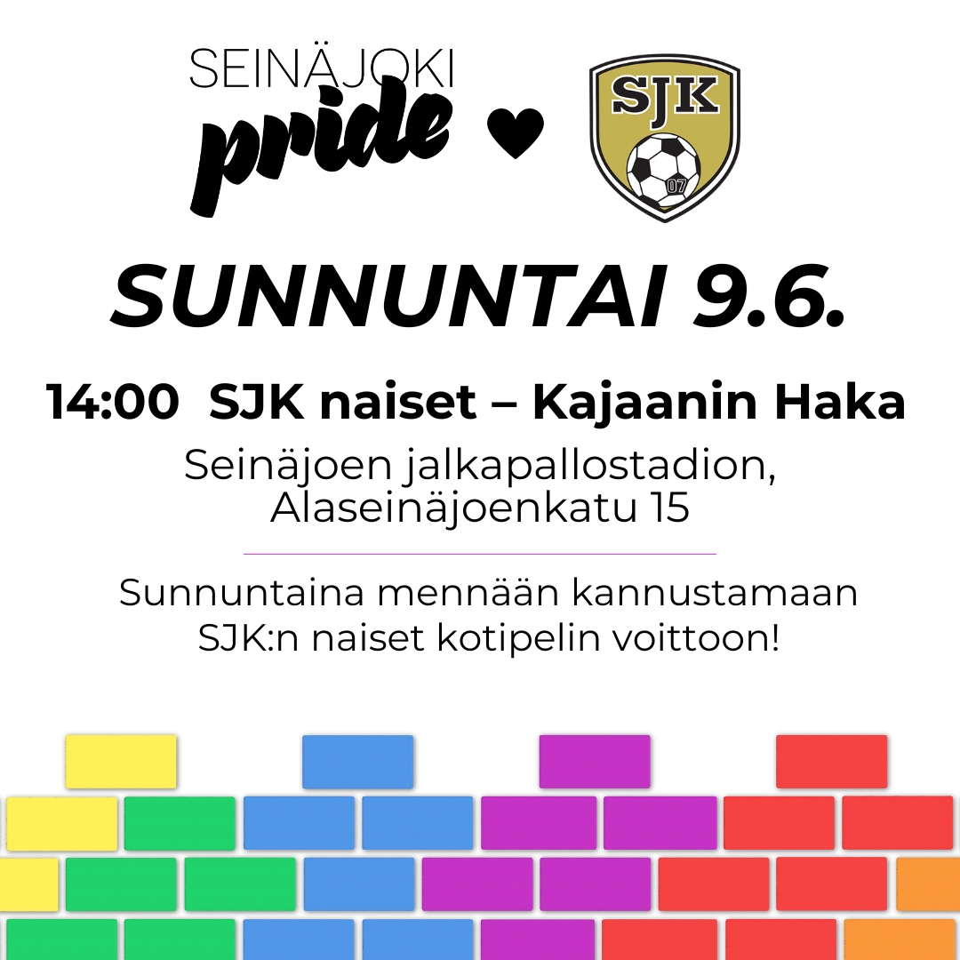 lsateenkaari's tweet photo. Lakeuden Sateenkaari tekee Seinäjoki Pridessä yhteistyötä SJK:n naisten kanssa. 

Tule katsomaan SJK:n naisten peliä Seinäjoen jalkapallostadionille sunnuntaina 9.6. kello 14! Liput ovelta 5/7€.  4/4

#SeinäjokiPride2024 #Pride #Jalkapallo #LempeämpiLakeus https://t.co/8cg6G5n7nc