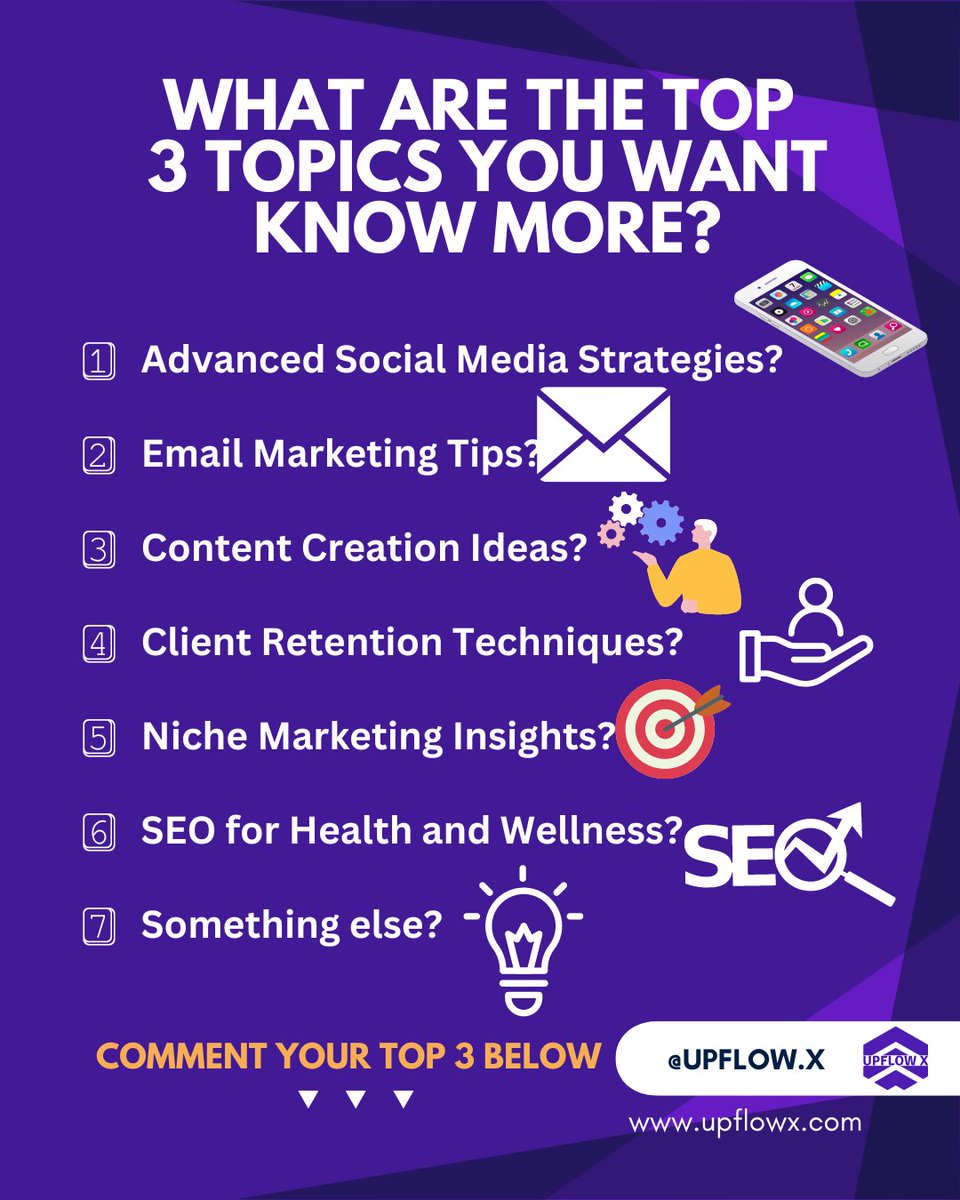 UpflowX's tweet photo. Health &amp; Wellness Coaches
What are the top 3 topics you’d love to know more?
Advanced Social Media Strategies?
Email Marketing Tips?
Content Creation Ideas?
Client Retention Techniques?
Niche Marketing Insights?
SEO for Health and Wellness?
Something else?
Comment below

#upflowx https://t.co/WNQUQFp10R