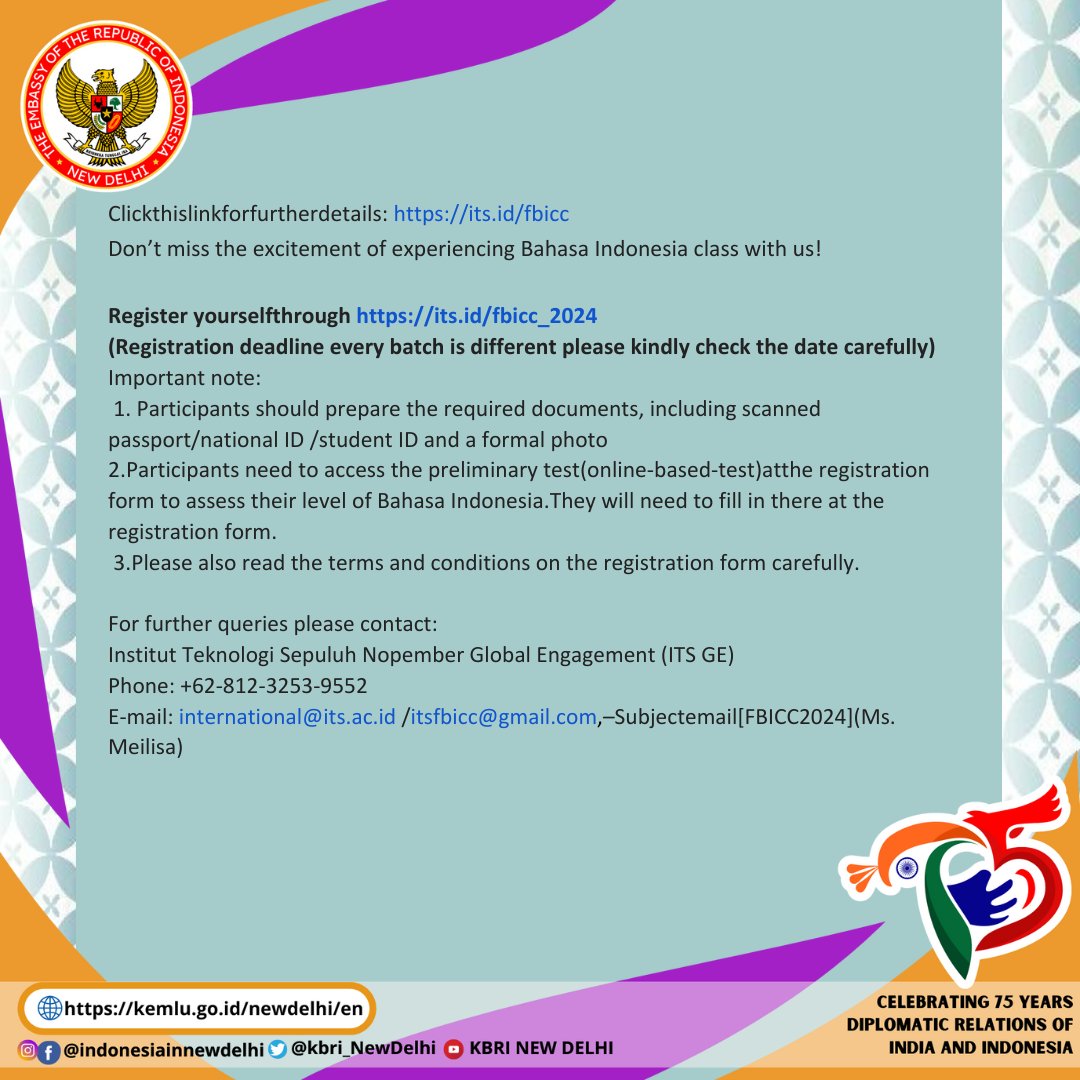Fun Bahasa Indonesia and Cultural Course (FBICC) is a virtual course for global citizens who are interested in Indonesian language and culture. For further queries please contact: institut Teknologi Sepuluh Nopember Global Engagement (ITS GE) Phone: +62-812-3253-9552.