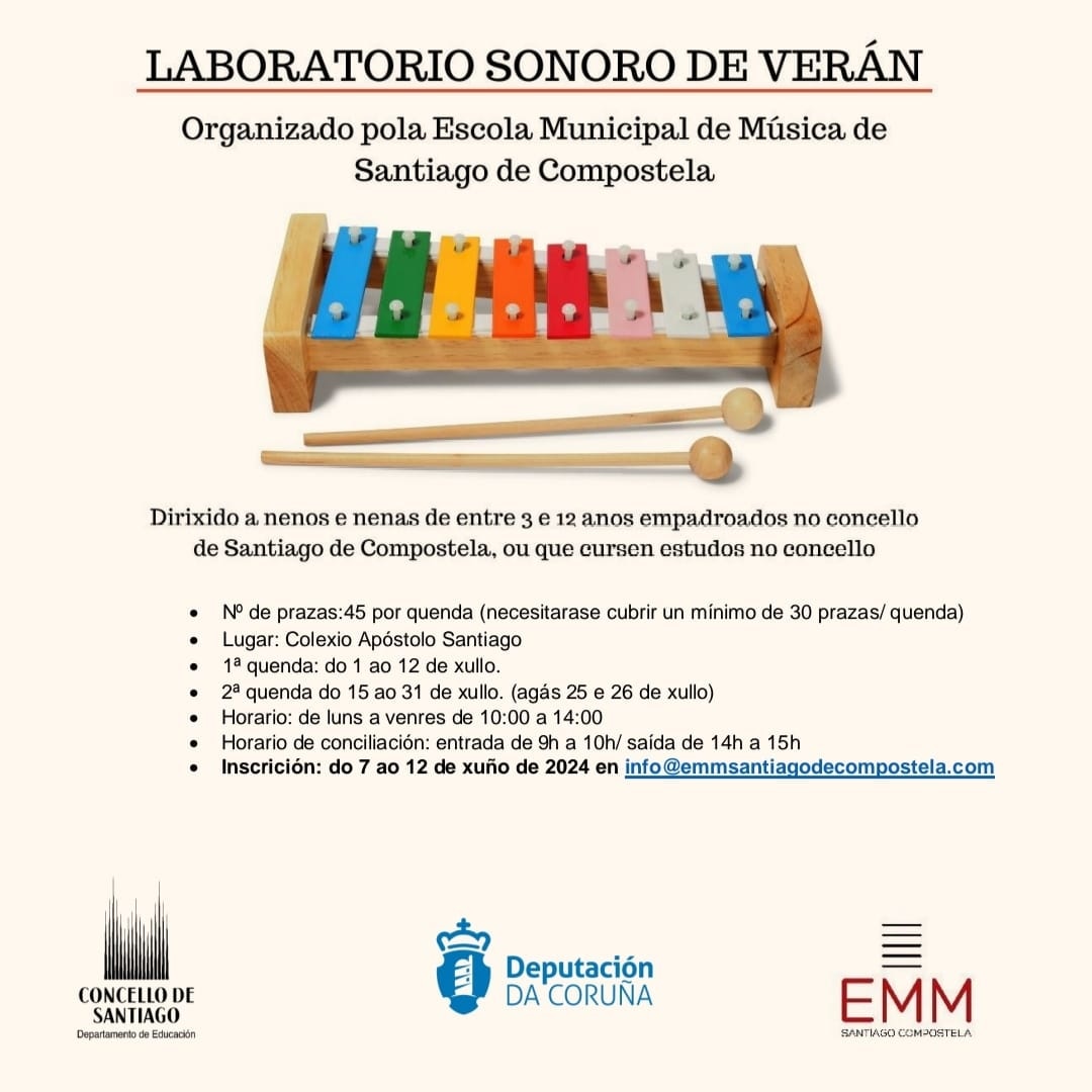 Escola Municipal de Música de Santiago (@emmstgo) on Twitter photo Aberto o prazo de inscrición para o noso #LaboratorioSonorodeVerán ata o 12 de xuño. Toda a info en emmsantiagodecompostela.com
#EMM2024 #VeránenCompostela
<a href="/PazodeRaxoi/">Concello de Santiago</a> <a href="/GorettiSRei/">Goretti S. Rei</a> Aberto o prazo de inscrición para o noso #LaboratorioSonorodeVerán ata o 12 de xuño. Toda a info en emmsantiagodecompostela.com
#EMM2024 #VeránenCompostela
<a href="/PazodeRaxoi/">Concello de Santiago</a> <a href="/GorettiSRei/">Goretti S. Rei</a>