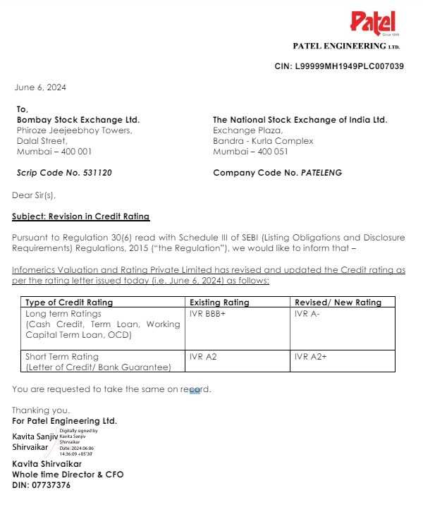 RajeshTambe_'s tweet photo. #PatelEngineeringLimited
Patel Engineering Limited is pleased to announce an upgrade in its Long-Term Rating from IVR BBB+ to IVR A-, reflecting enhanced creditworthiness for long-term borrowings.
Additionally, the company has maintained its Short-Term Rating at IVR A2+, demonstrating sustained high credit quality for short-term obligations.
These ratings highlight PEL's robust financial health and improved project execution capabilities.
#Infrastructure #Construction #CreditRatingUpgrade