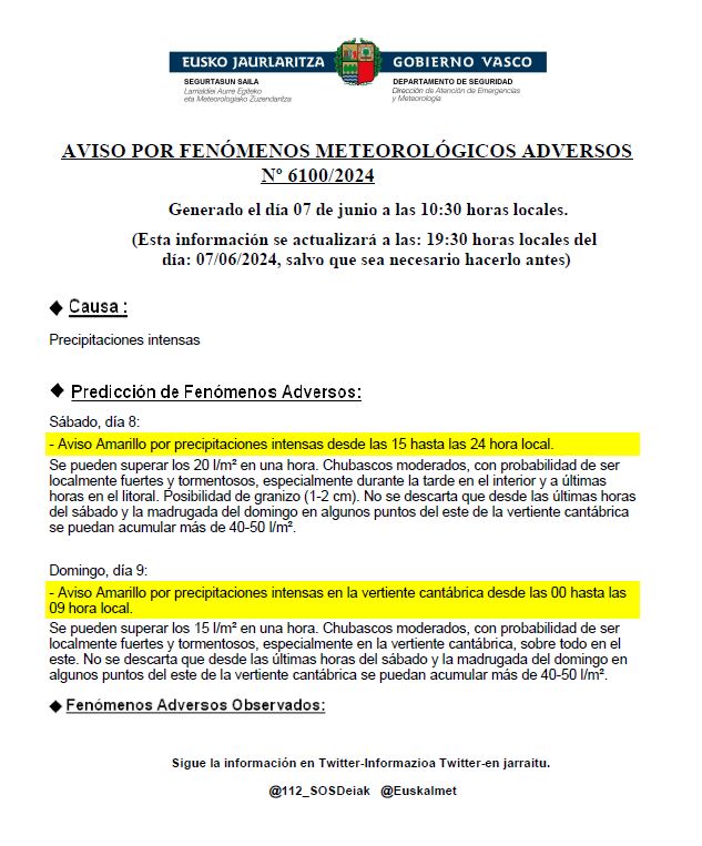 Se activa el aviso amarillo por precipitaciones intensas en #Euskadi por parte de <a href="/Euskalmet/">Euskalmet</a> . Mañana sábado y la mañana del domingo se pueden acumular 20l/h con posibilidad de granizo.
#Lluvia #Euria #Tormentas #ElTiempo