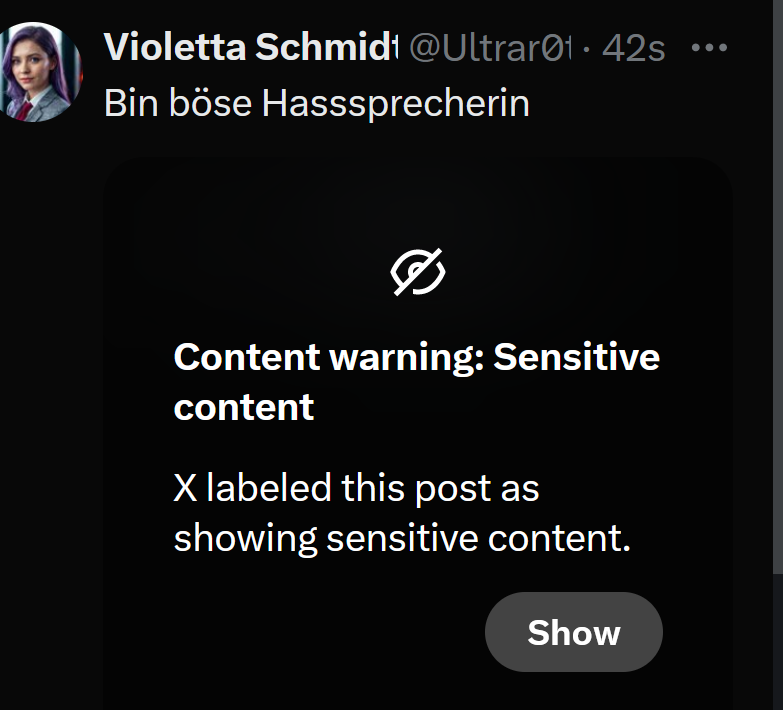 Ultrar0t's tweet photo. @Fieldmarshall__ Selbst meine eigenen Posts werden instant geflagged. 🤣 https://t.co/VVG6hGGrAZ